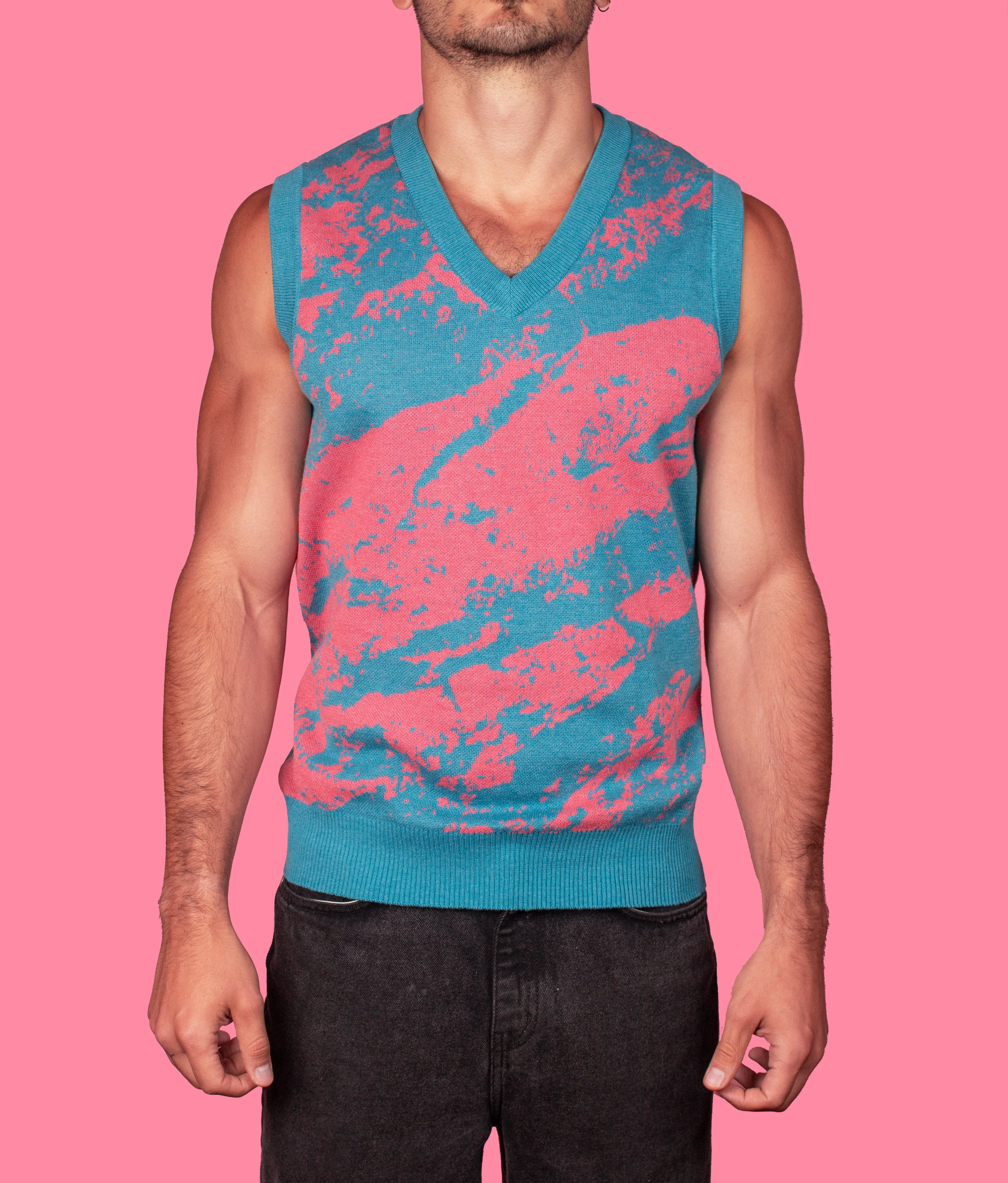 80's Marble Teal & Pink Knit Sweater Vest - Image 3
